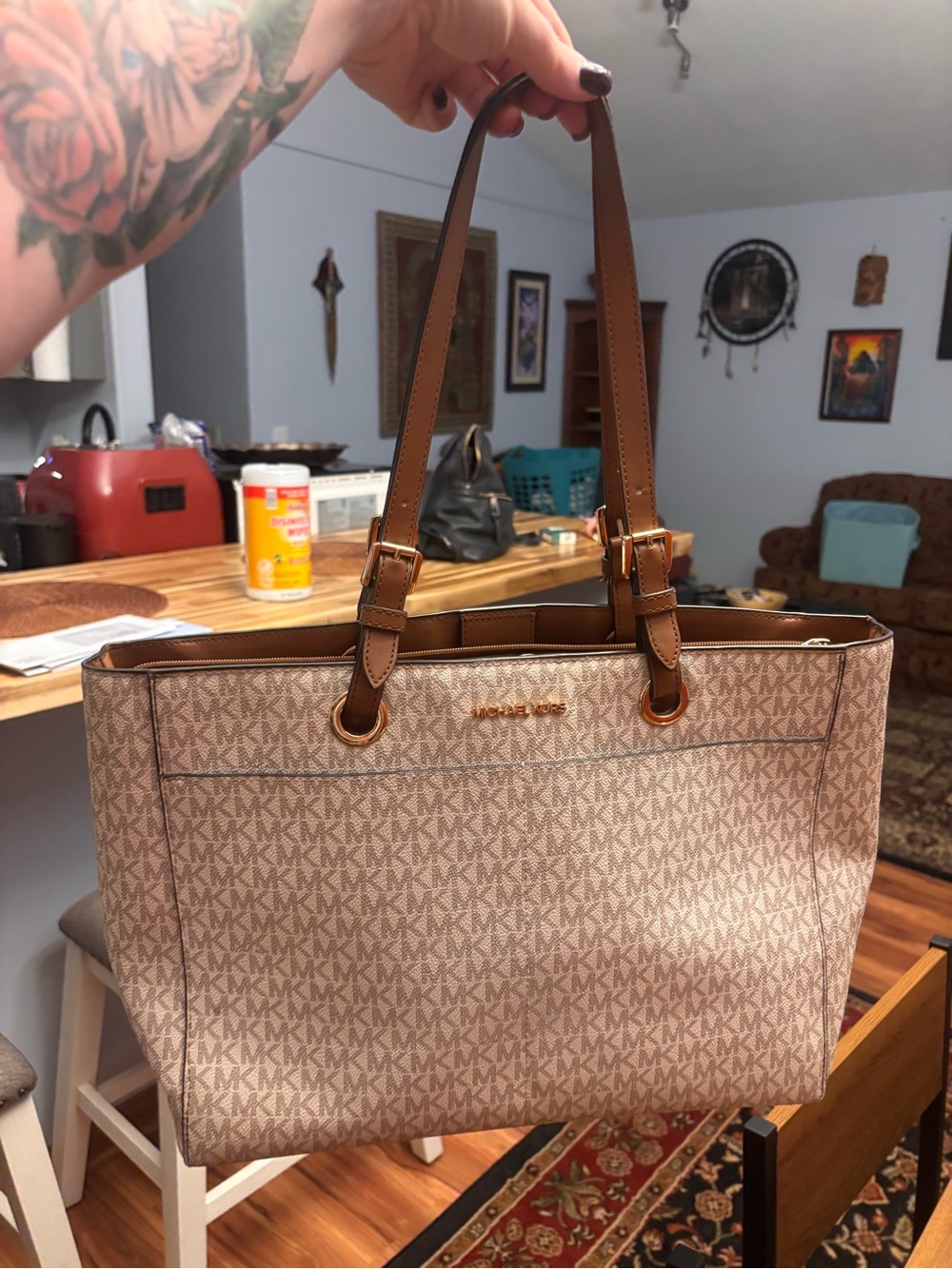 Michael Kors Beige MK Logo Tote with Brown Leather Straps